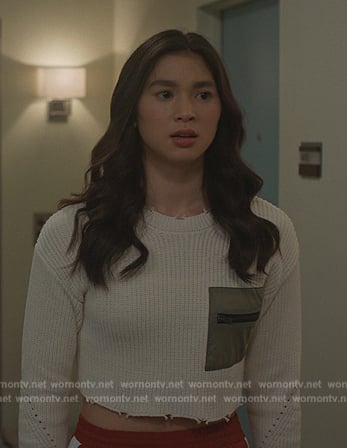 Devon’s white contrast pocket cropped sweater on Cobra Kai