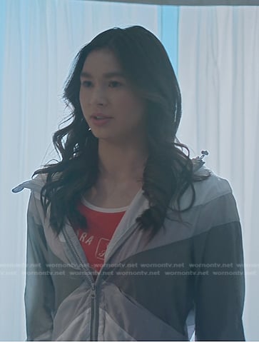 Devon’s grey colorblock jacket on Cobra Kai