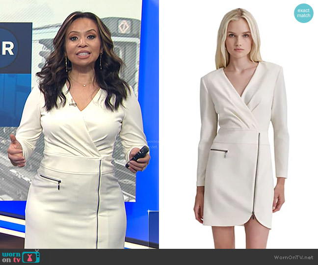 DKNY Ruched-Front Long-Sleeve V-Neck Zipper Dress in Eggshell worn by Adelle Caballero on Today