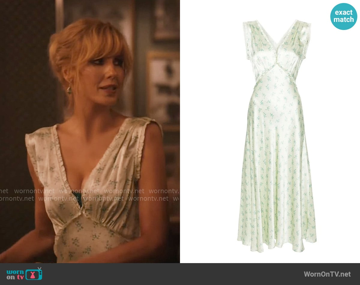 Doen Tahlia Dress in Verte Hillside Heather worn by Beth Dutton (Kelly Reilly) on Yellowstone