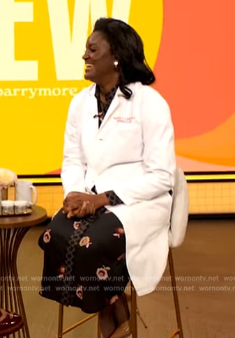 Dr. Angela Lamb’s black floral print dress on The Drew Barrymore Show