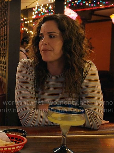 Drew’s sage green striped top on Based on a True Story