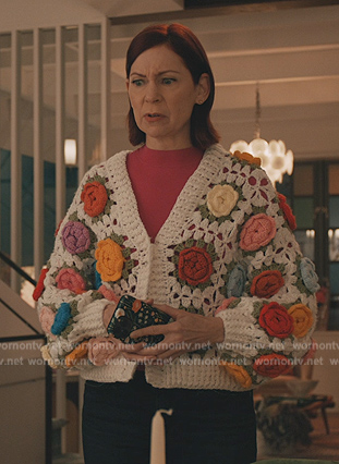 Elsbeth’s floral crochet knit cardigan on Elsbeth