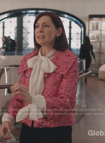 Elsbeth’s pink embellished blazer and totes on Elsbeth