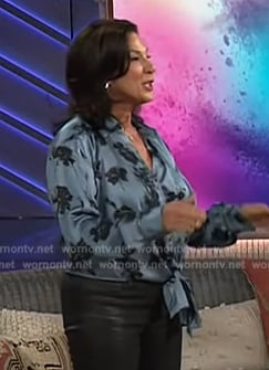 Emily Kaufman’s blue floral print blouse on The Kelly Clarkson Show
