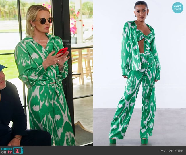 Fashion Nova Agnes Satin Shirt in Green/combo worn by Whitney Rose on The Real Housewives of Salt Lake City