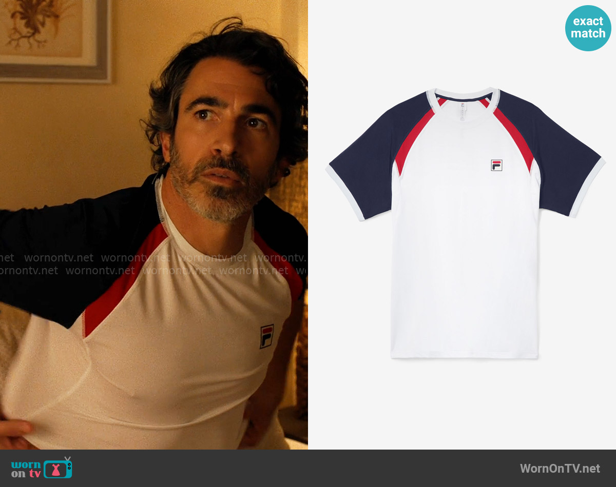 Fila Essentials H Short Sleeve Crew in 100 White / Fila Navy / Fila Red worn by Nathan Bartlett (Chris Messina) on Based on a True Story