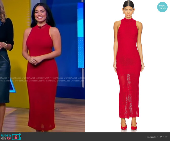Fleur Du Mal Lace Pointelle Knit Racer Dress in Ruby Red worn by Auli?i Cravalho on Good Morning America
