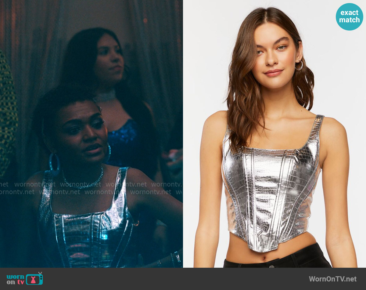 Forever 21 Metallic Faux Croc Corset Top worn by Jocelyn (Lauren Lolo Spencer) on The Sex Lives of College Girls