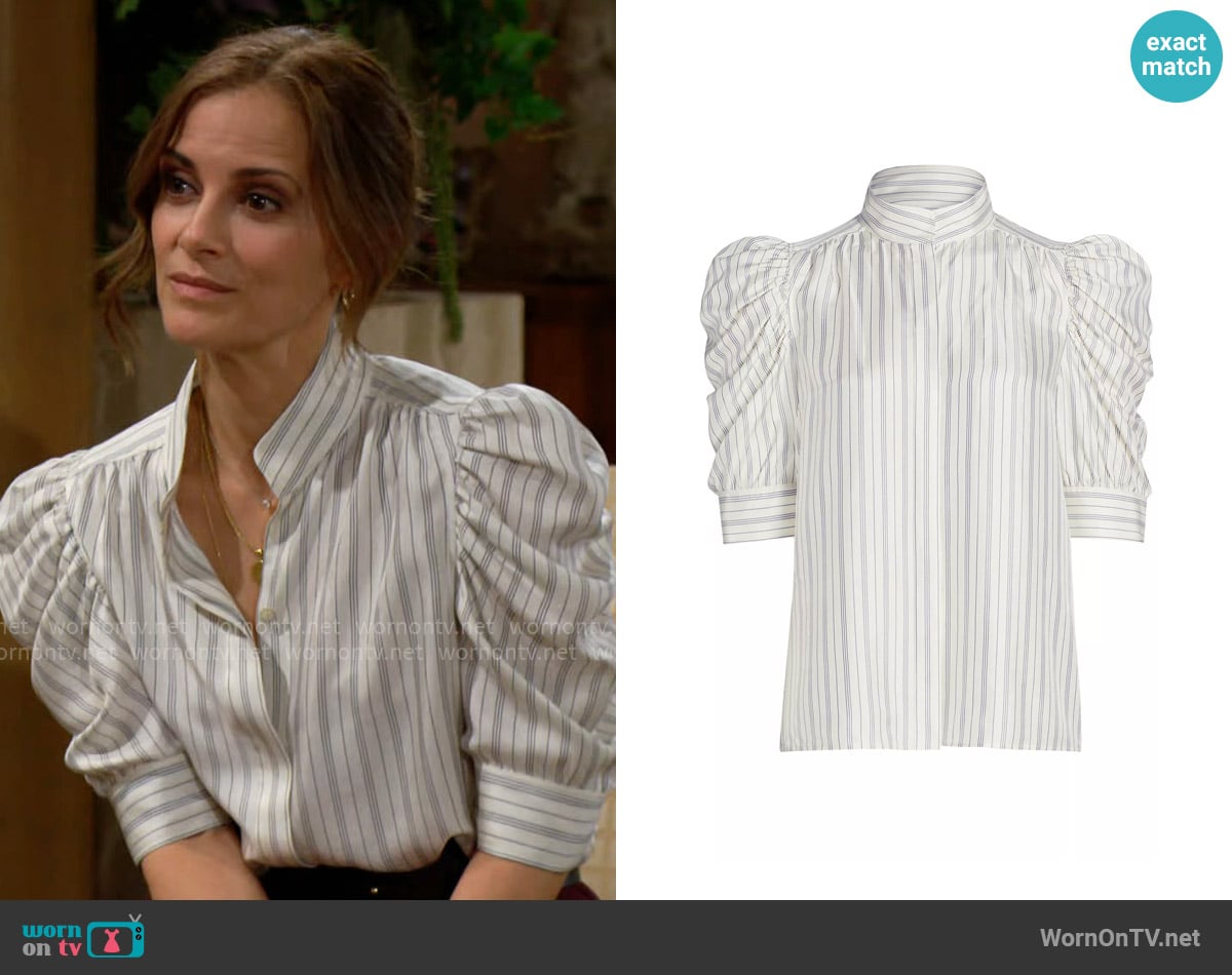 Frame Gillian Blouse in Cream Multi worn by Taylor Hayes (Rebecca Budig) on The Bold and the Beautiful