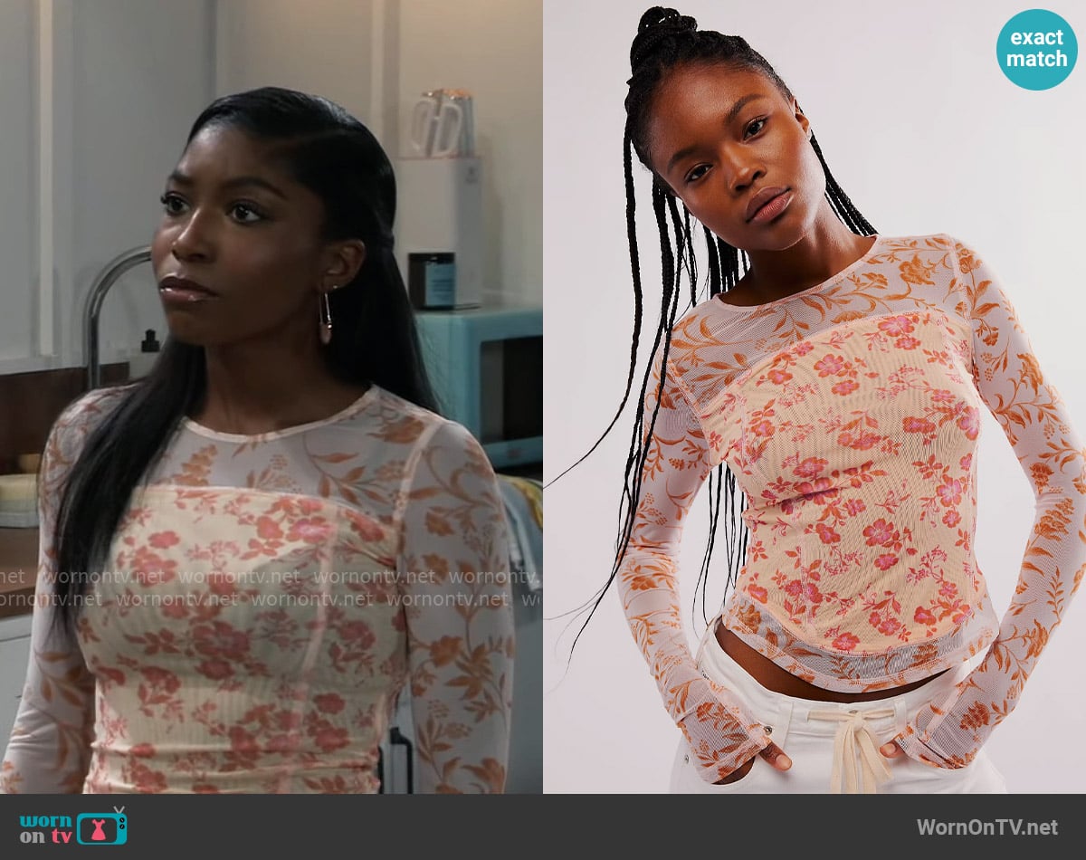 Free People Bettys Garden Top in Coral Combo worn by Trina Robinson (Tabyana Ali) on General Hospital