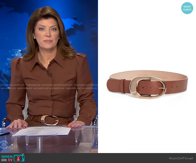 Gabriela Hearst Lozewce Belt in Cognac Leather worn by Norah O'Donnell on CBS Evening News