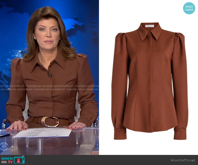 Gabriela Hearst Talbot Shirt in Cognac Sportswear Wool worn by Norah O'Donnell on CBS Evening News