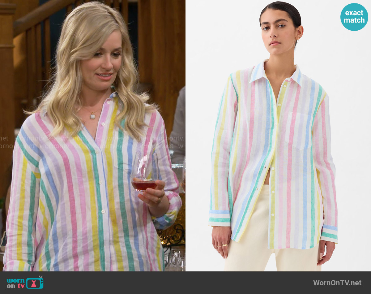 GAP 100% Linen Boyfriend Shirt in Multi Color Stripe worn by Gemma (Beth Behrs) on The Neighborhood
