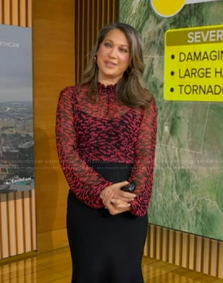 Ginger’s black and red print sheer blouse on Good Morning America