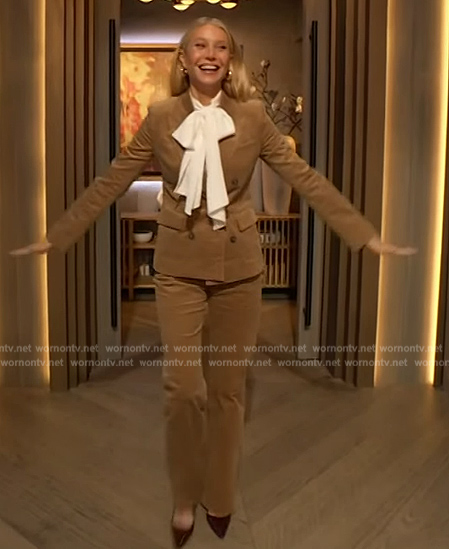 Gwyneth Paltrow’s olive corduroy blazer and pants on The Drew Barrymore Show