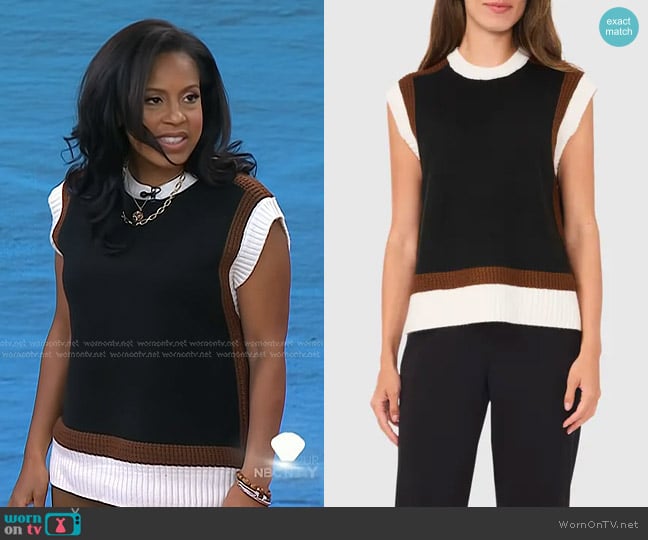 Halogen Colorblock Crewneck Sweater Vest in Rich Black worn by Sheinelle Jones on Today