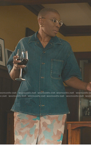 Hen’s denim shirt and camo print pants on 9-1-1