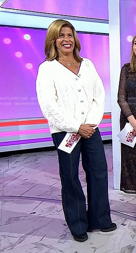 Hoda’s white cable knit cardigan and frayed jeans on Today