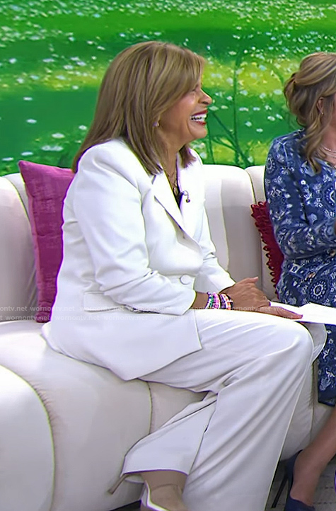 Hoda’s white gathered sleeve blazer and wide leg pants on Today