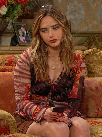 Holly’s red mixed print blouse and brown mini skirt on Days of our Lives