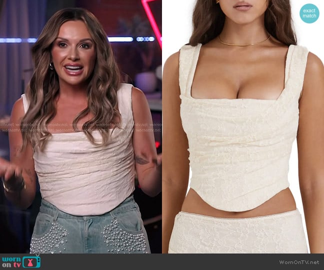 House of CB Una Floral Cowl Neck Lace-Up Corset Top in Vintage Cream worn by Carly Pearce on The Voice