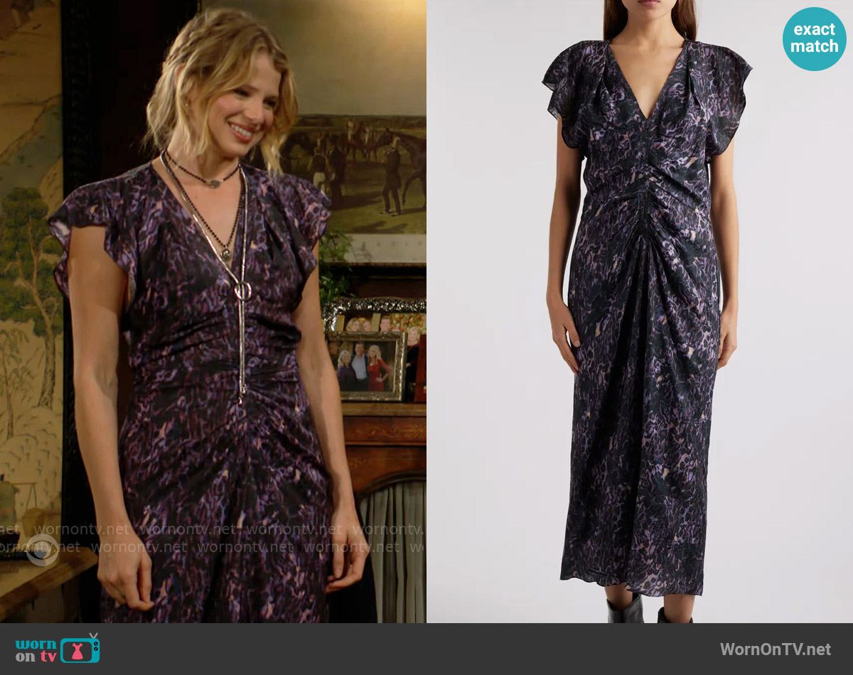 Isabel Marant Lyndsay Dress in Dark Plum worn by Summer Newman (Allison Lanier) on The Young and the Restless