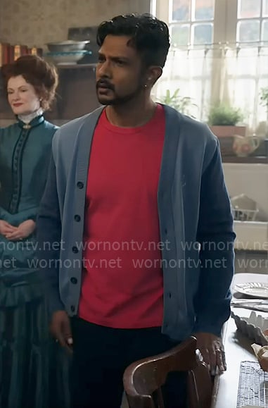 Jay’s blue colorblock cardigan on Ghosts