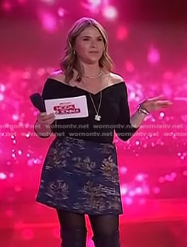 Jenna’s black off-shoulder top and print mini skirt on Today