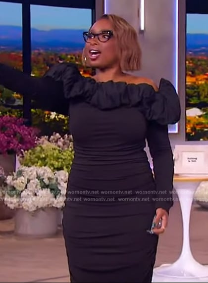 Jennifer’s black off shoulder ruffle maxi dress on The Jennifer Hudson Show