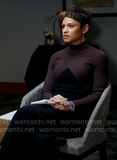 Jericka Duncan’s brown and black rib knit dress on CBS Mornings