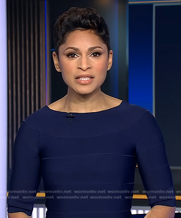 Jericka’s navy elbow sleeve dress on CBS Evening News