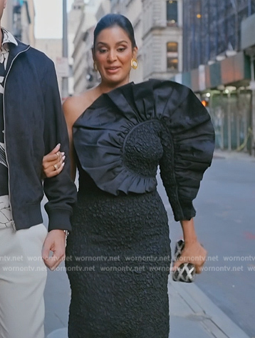 Jessel’s black ruffle one shoulder dress on The Real Housewives of New York City