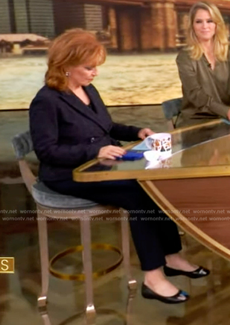 Joy’s black leather Vote print ballerina shoes on The View