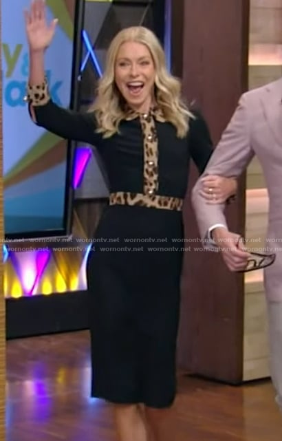 Kelly’s black dress with leopard trim on Live with Kelly and Ryan