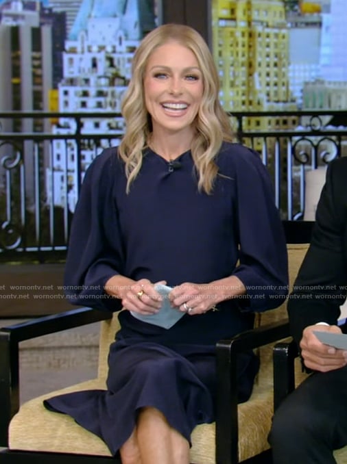 Kelly’s navy belted dress on Live with Kelly and Mark