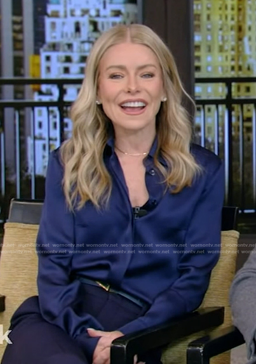 Kelly’s navy satin blouse on Live with Kelly and Mark