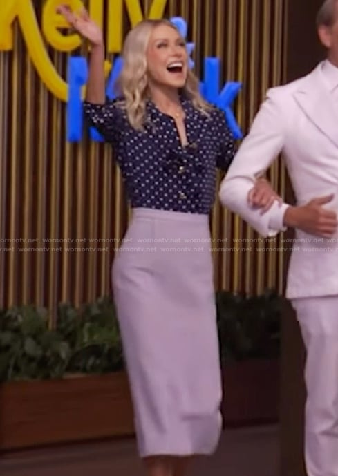 Kelly’s blue polka dot print blouse and skirt on Live with Kelly and Mark