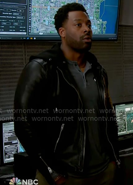 Kevin’s hooded leather jacket on Chicago PD