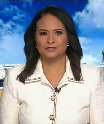 Kristen’s white contrast trim jacket on Today