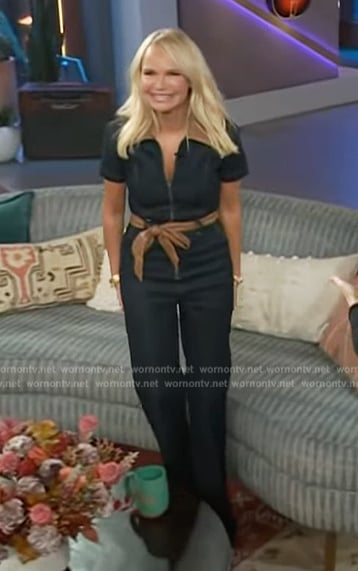 Kristin Chenoweth’s denim contrast belted jumpsuit on The Kelly Clarkson Show