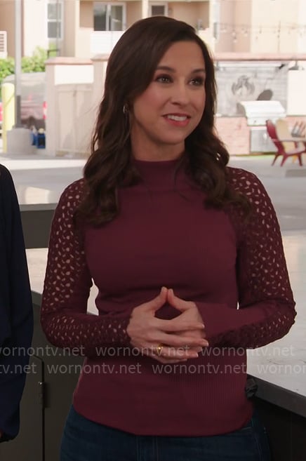 Lacey Chabert’s purple crochet sleeve top on Celebrations with Lacey Chabert