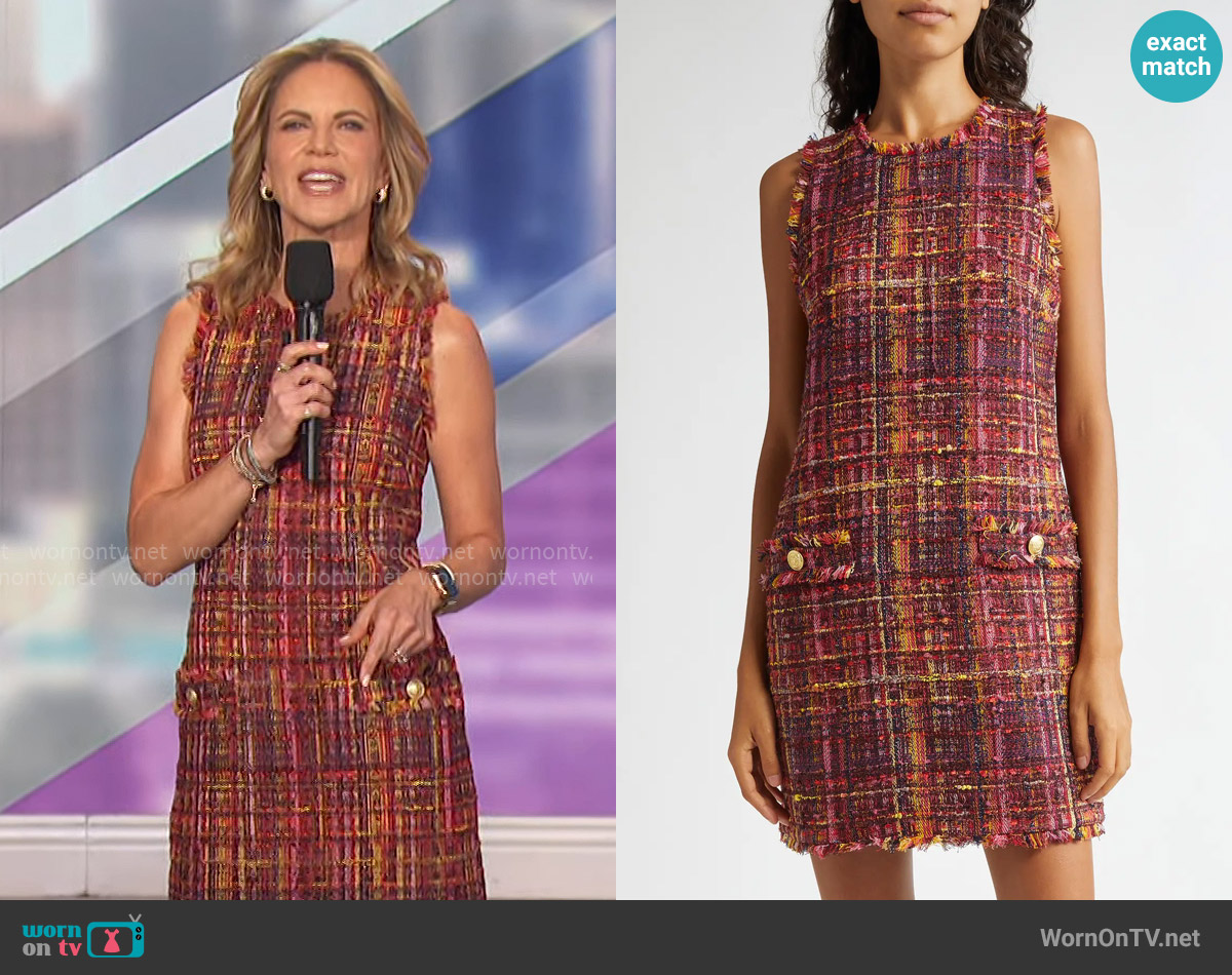 L'Agence Florian Tweed Shift Dress in Red Pink Multi Tweed worn by Natalie Morales on The Talk