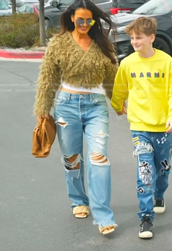 Lisa’s khaki fuzzy sweater and distressed jeans on The Real Housewives of Salt Lake City