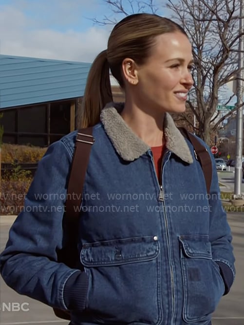 Novak’s denim jacket with sherpa collar on Chicago Fire