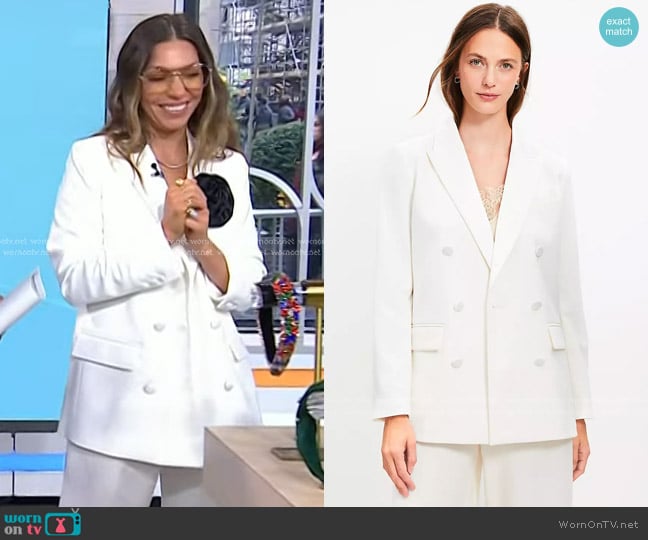 Loft Satin Trim Relaxed Tuxedo Blazer in Whisper White worn by Melissa Garcia on Today