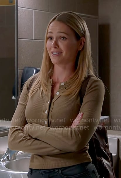 Lyla’s beige green henley top on Chicago Fire