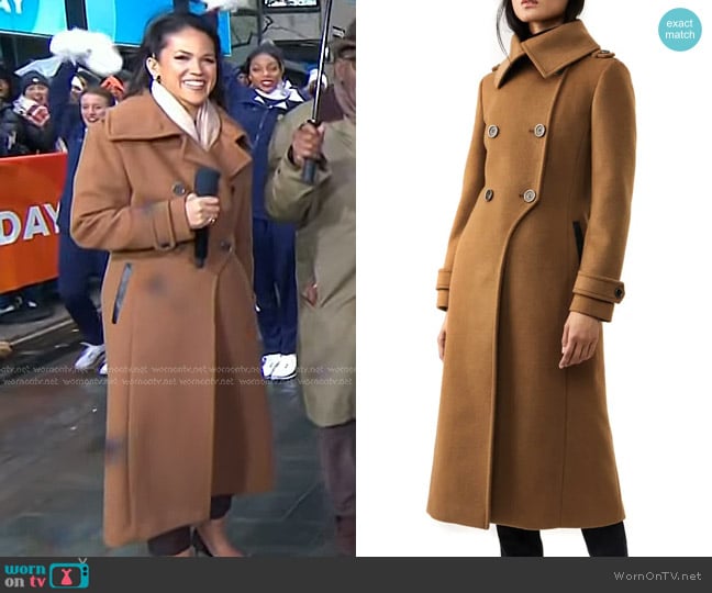 Mackage Elodie-R Double Breasted Wool Blend Coat in Camel worn by Laura Jarrett on Today