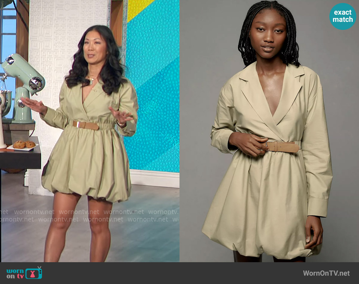 Maeve Long-Sleeve Collared Belted Bubble Mini Dress worn by Chi-Lan Lieu on The Talk