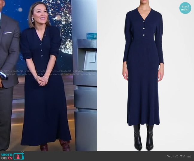 Maje Raquelly Knit Maxi Dress in Navy worn by Eva Pilgrim on Good Morning America